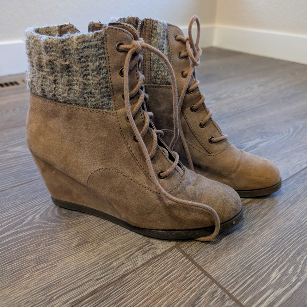 Tan Lace Up Suede Boots with Wedge Heel